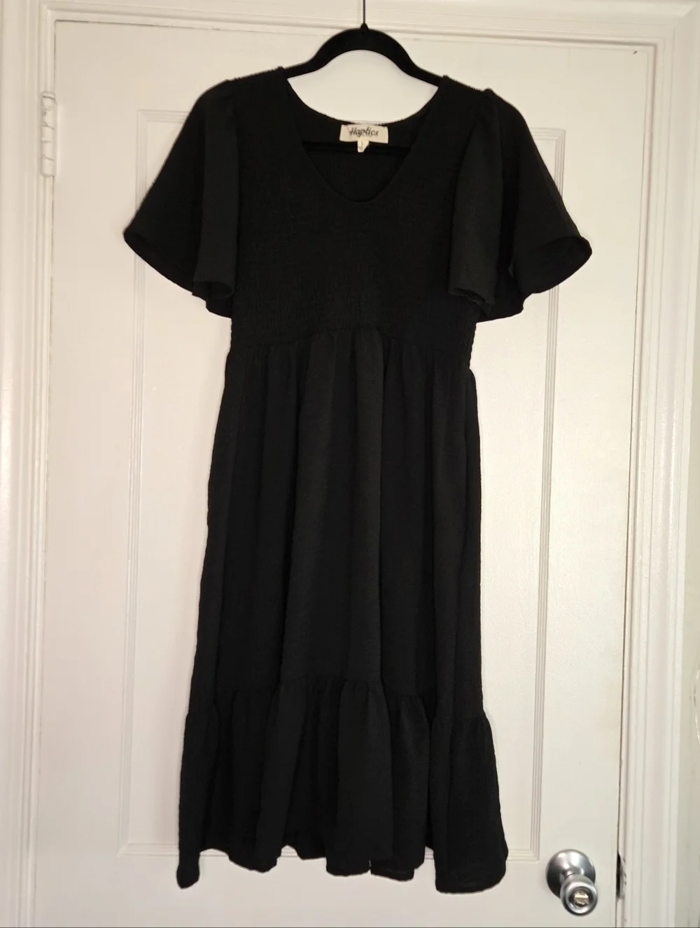 Black Smocked Midi Dress Women's Large Sleeveless Stretch Casual Summer Dress - Picture 2 of 11